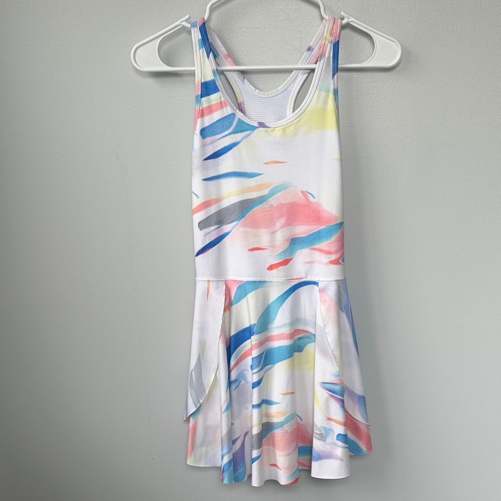 DSG White Dress with Pastel Pink Blue and Yellow Swirl Print